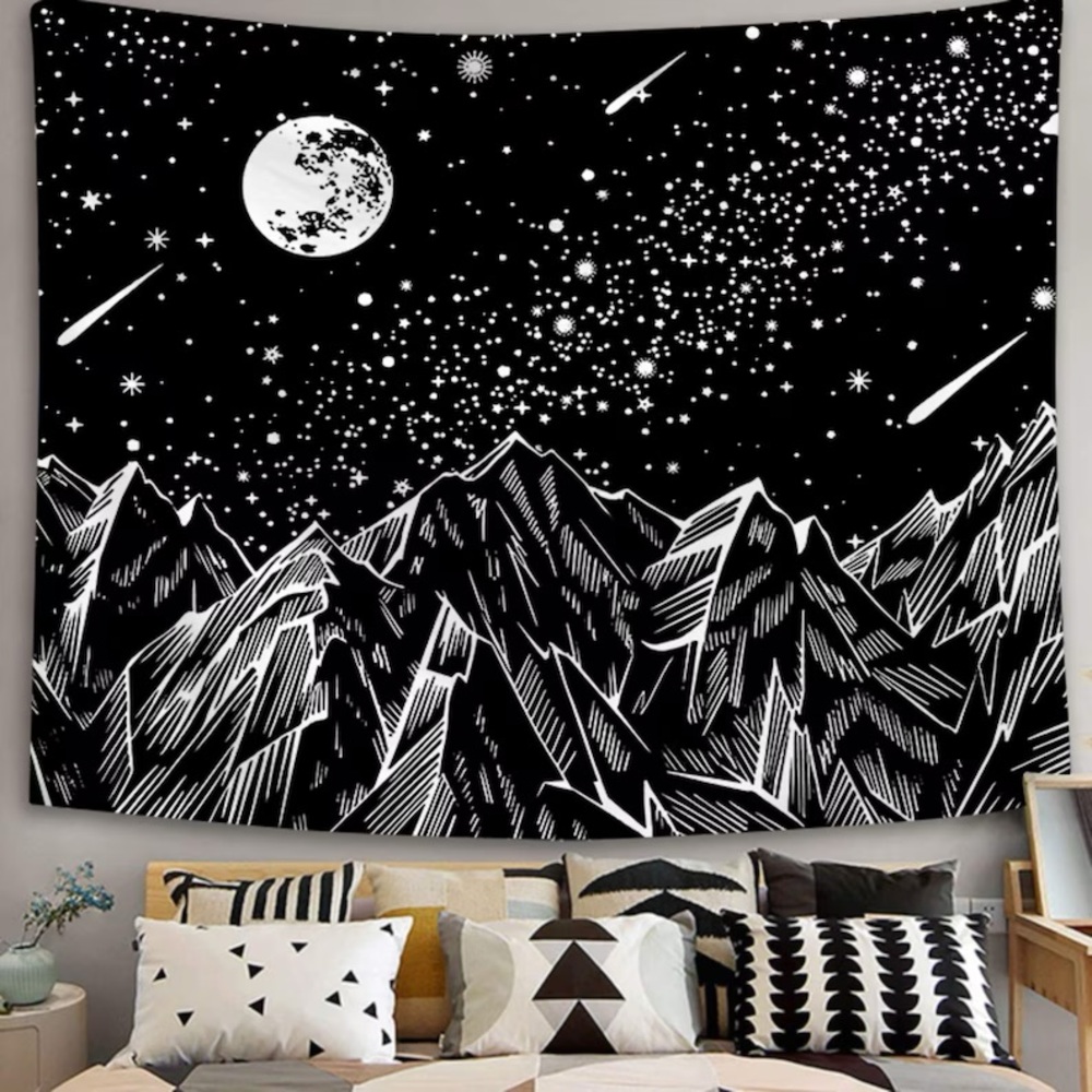 Black and White Mountain Night Tapestry Wall Art